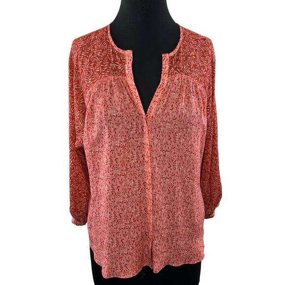 JOIE Javeth Cinnamon Silk Blouse Pink Orange Leaf Print V-Neck 3/4 Sleeve Top S - Picture 1 of 7